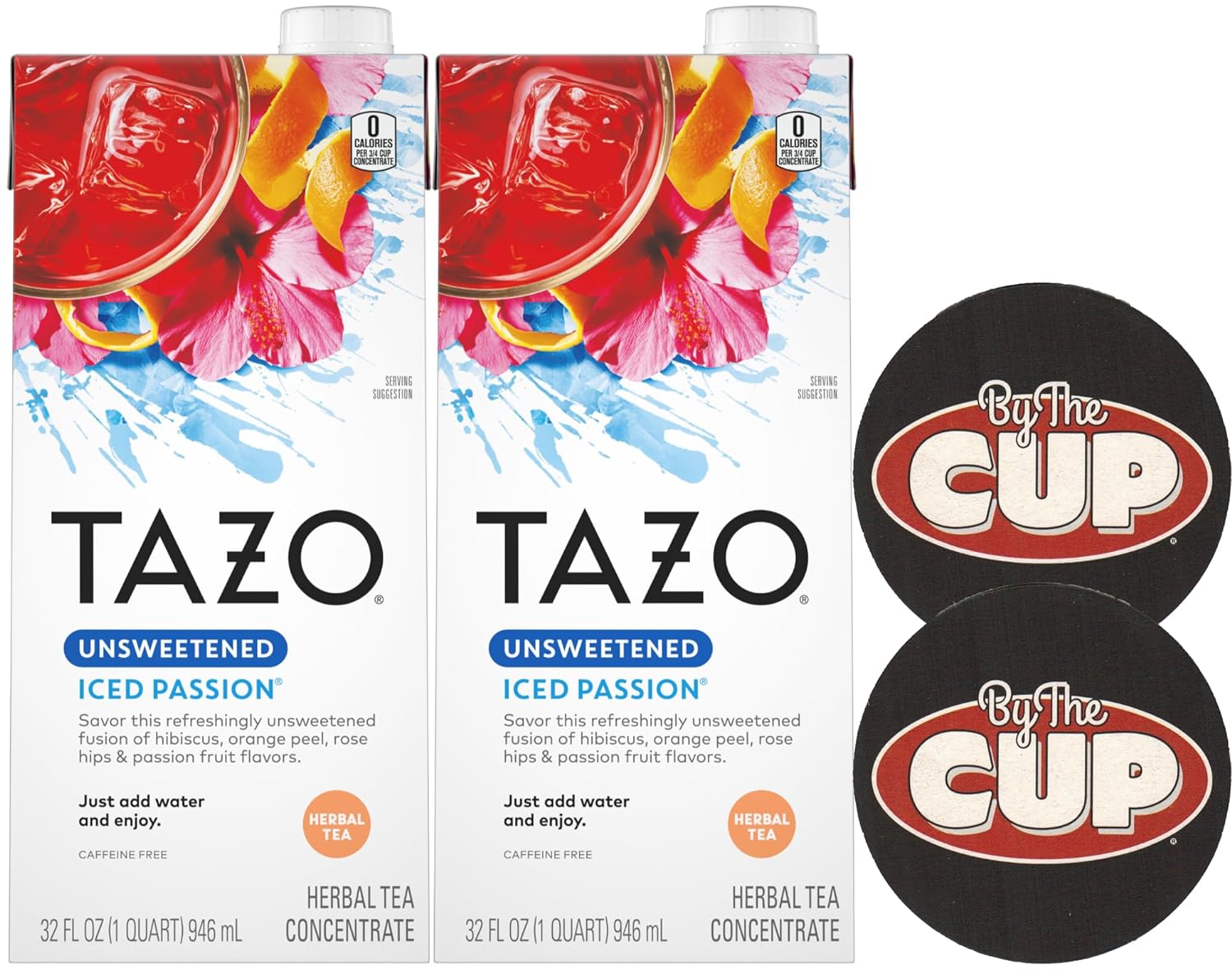 TAZO Unsweetened Iced Passion Herbal Tea Concentrate, 32 fl oz (Pack of 2) with By The Cup Coasters