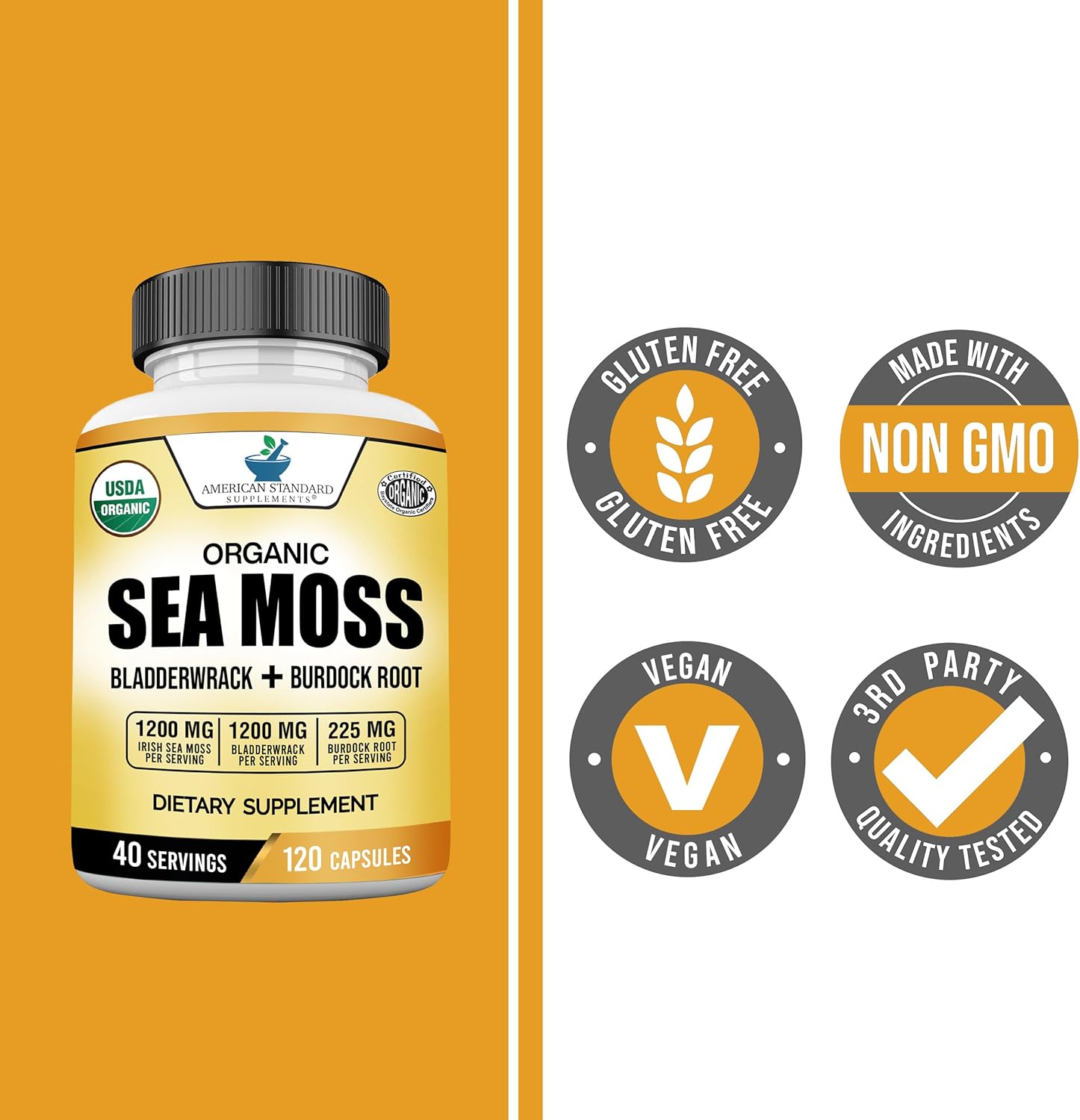 American Standard Supplements Organic Sea Moss, Bladderwrack & Burdock Root Capsules - 1200Mg Sea Moss, 1200Mg Bladderwrack, 225Mg Burdock Root Per Serving - 120 Capsules, 40 Servings
