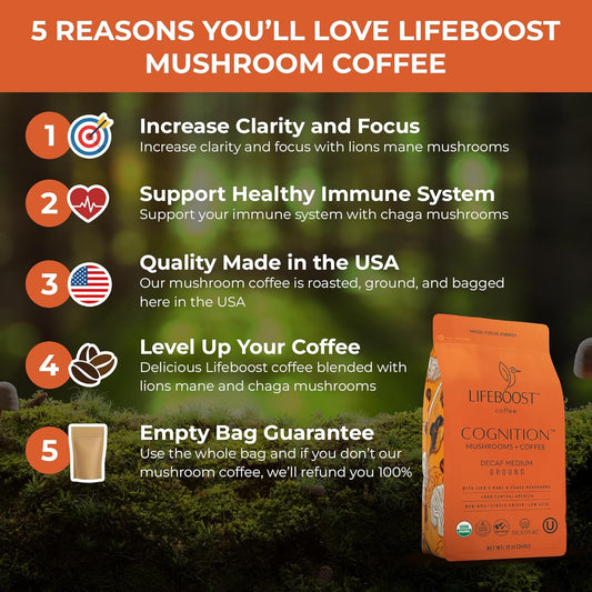 Lifeboost Cognition Adaptogenic Decaf Mushroom Coffee - Lions Mane & Chaga Nootropic Coffee - Low Acid Decaf Medium Organic Coffee - Increase Energy, Boost Focus & Immune Support - 12 Oz Bag - Ground