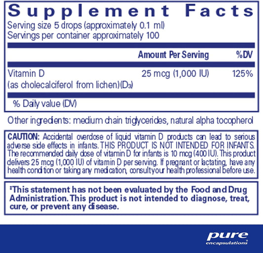 Pure Encapsulations Vitamin D3 (Vegan) Liquid | Hypoallergenic Support for Bone, Breast, Cardiovascular, Colon and Immune Health* | 0.3 fl. oz