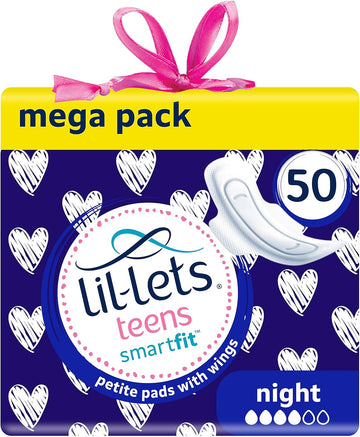 Lil-Lets Teens Night Pads X 50, Petite Towels for Girls & Teenagers, with Wings, for Heavy Flow, Unscented, Soft & Breathable, First Period Sanitary Towels, 5 Packs of 10 Pads - Bulk Pack