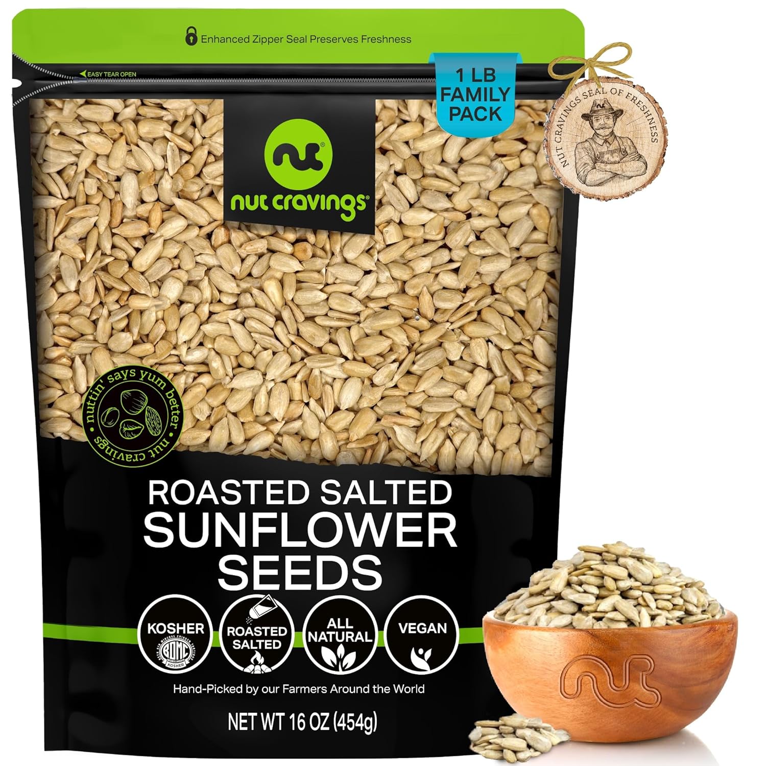 Nut Cravings - Roasted Salted Sunflower Seeds Kernels To Eat, No Shell Hulled (16Oz - 1 Lb) Bulk Nuts Packed Fresh In Resealable Bag - Healthy Protein Food Snack, Natural, Keto Friendly, Vegan, Kosher