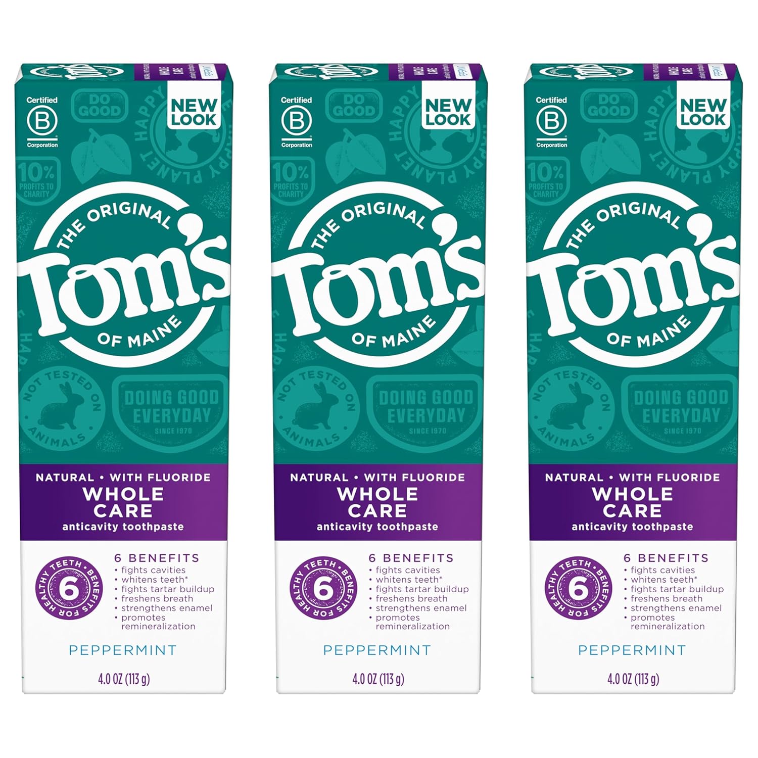 Tom'S Of Maine Whole Care Natural Toothpaste With Fluoride, Peppermint, 4 Oz. 3-Pack (Packaging May Vary)