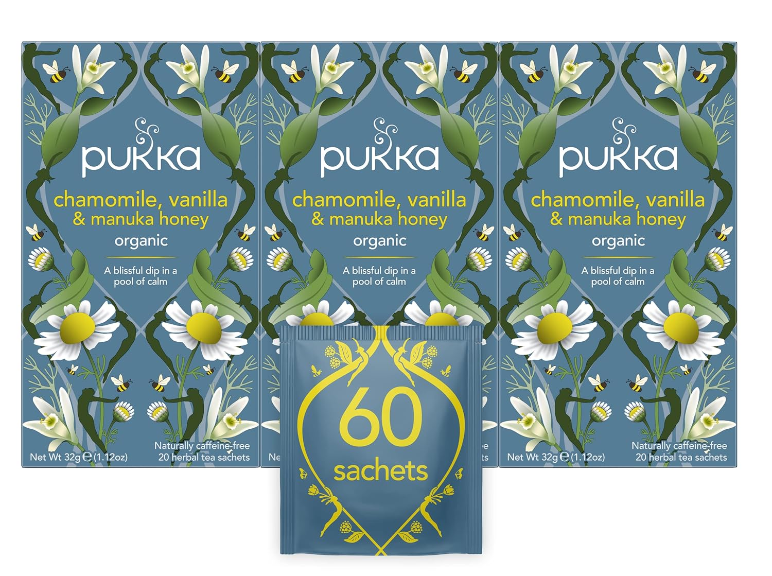 Pukka Organic Tea Bags, Chamomile, Vanilla And Manuka Honey Herbal Tea, Perfect For Moments Of Calm, 20 Count (Pack Of 3) 60 Tea Bags