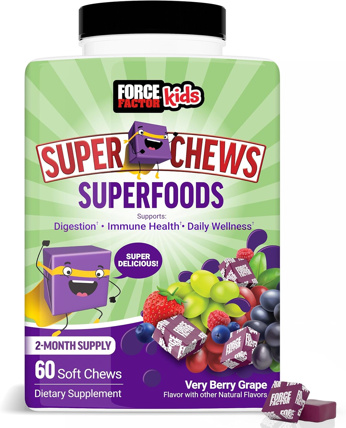 Force Factor Kids Superfood Super Chews, Kids Vitamins C & D, Immune Support Supplement With Antioxidant Support From Powdered Fruits & Veggies, 2-Month Supply, Very Berry Grape Flavor, 60 Soft Chews