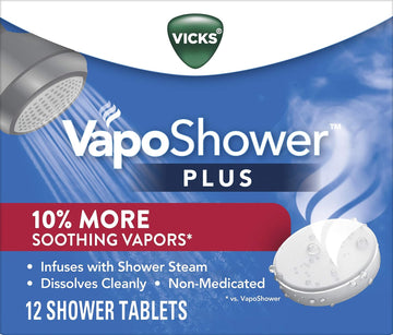 Vicks, Vaposhower Plus, Shower Steamers, Eucalyptus Shower Steamer & Menthol Scent, Clean Dissolving Vapor Shower Tablets, Aromatherapy Shower Steamer & Shower Bombs, 12 Count