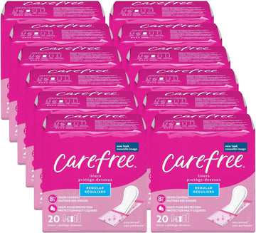 Carefree Panty Liners, Regular Liners, Wrapped, Unscented, 240ct (12 Packs of 20ct) (Packaging May Vary)