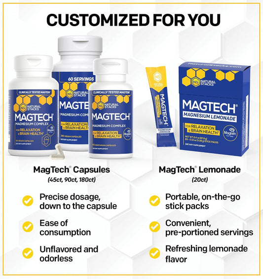 MagTech Magnesium Supplement - Chelated Magnesium Complex - 3 Forms of Magnesium: Magtein Magnesium L-Threonate, Glycinate & Taurate - Supports Relaxation & Brain Health, 180 Magnesium Capsules