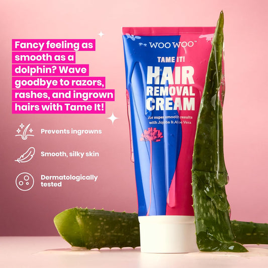 Woowoo Tame It! Natural Intimate Hair Removal Cream - Painless Vegan Hair Remover For Sensitive Skin - Depilatory For Genitals, Bikini, Legs & Bum - Women In-Shower Cream With Aloe Vera - 200Ml