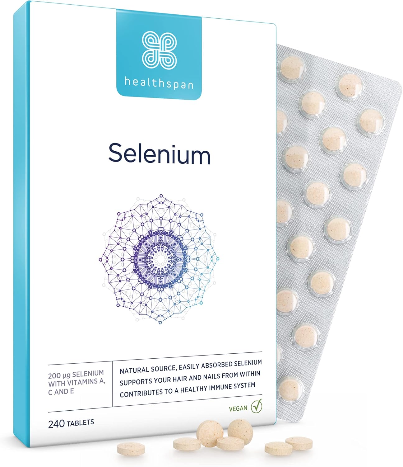 Healthspan Selenium | 240 Tablets | Highly Absorbable | With Vitamin C, A & E | Hair, Nails And Skin Health | Vegan