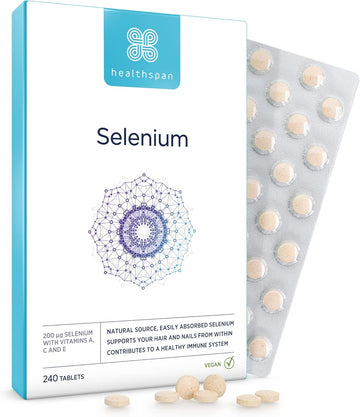 Healthspan Selenium | 240 Tablets | Highly Absorbable | With Vitamin C, A & E | Hair, Nails And Skin Health | Vegan
