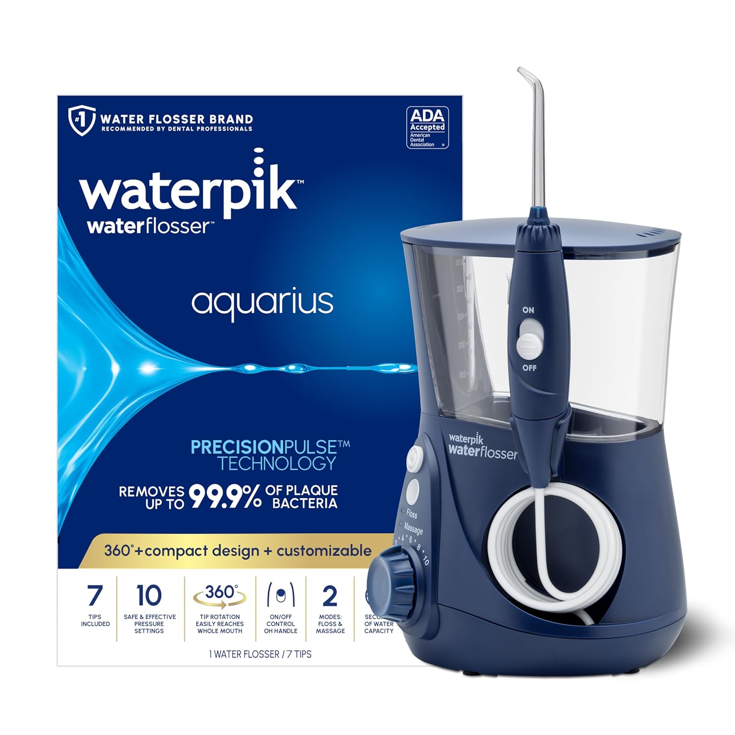 Waterpik Aquarius Water Flosser Professional For Teeth, Gums, Braces, Dental Care, Electric Power With 10 Settings, 7 Tips For Multiple Users And Needs, Ada Accepted, Blue Wp-663, Packaging May Vary