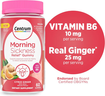 Centrum Morning Sickness Relief Gummies, Citrus Ginger Flavor - 60 Count, Up To 60 Day Supply