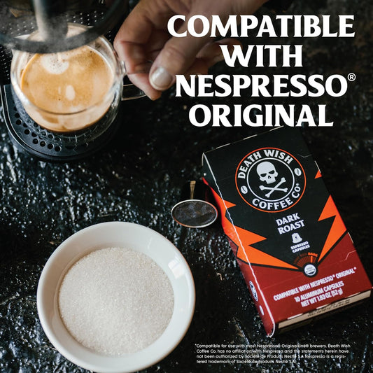 Death Wish Coffee, Espresso Roast Capsules Compatible with Nespresso Original Machines (30 Count (Pack of 1), Dark Roast)