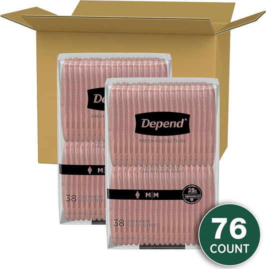 Depend Fresh Protection Adult Incontinence & Postpartum Bladder Leak Underwear For Women, Disposable, Maximum, Medium, Blush, 76 Count (2 Packs Of 38), Packaging May Vary