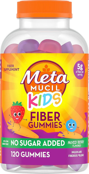 Metamucil Kids Fiber Gummies, No Sugar Added, 5G Prebiotic Plant-Based Fiber Supplement Blend, Mixed Berry Flavored, 120Ct Gummies