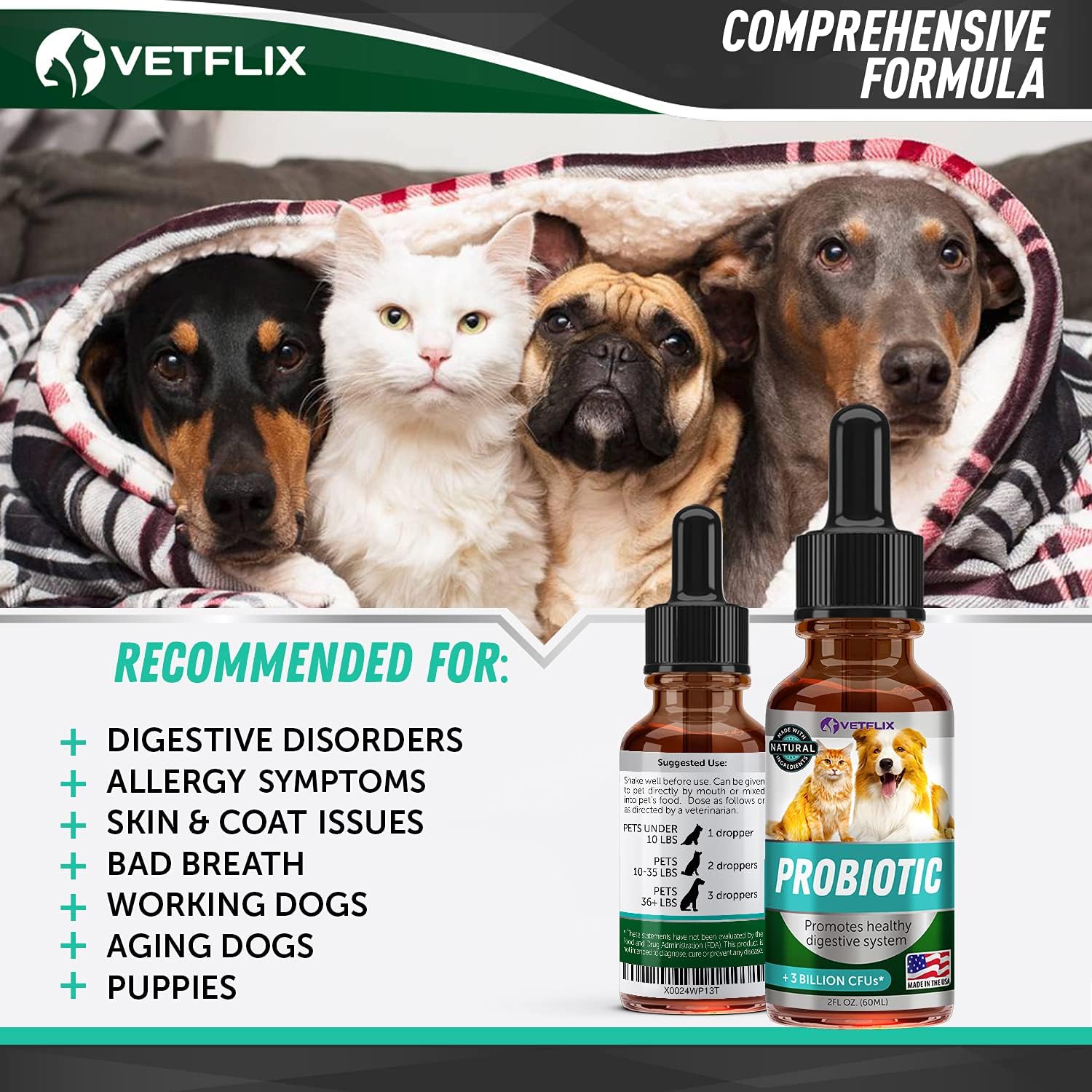 Premium Probiotics for Dogs & Cats - Digestive Enzymes & Prebiotics Supplement - Helps to Relieve Diarrhea, Vomiting, Upset Stomach, Gas, Constipation & Bad Breath - Supports Healthy Digestive System : Pet Supplies