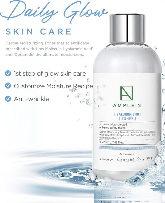 Hyaluron Shot Toner – Korean Hyaluronic Acid And Ceramide Hydrating Face Toner - Moisturizing Essence For Minimizing Wrinkles – Dewy Healthy Glow Skin Booster For Dry And Sensitive Skin, 7.43 Fl.Oz
