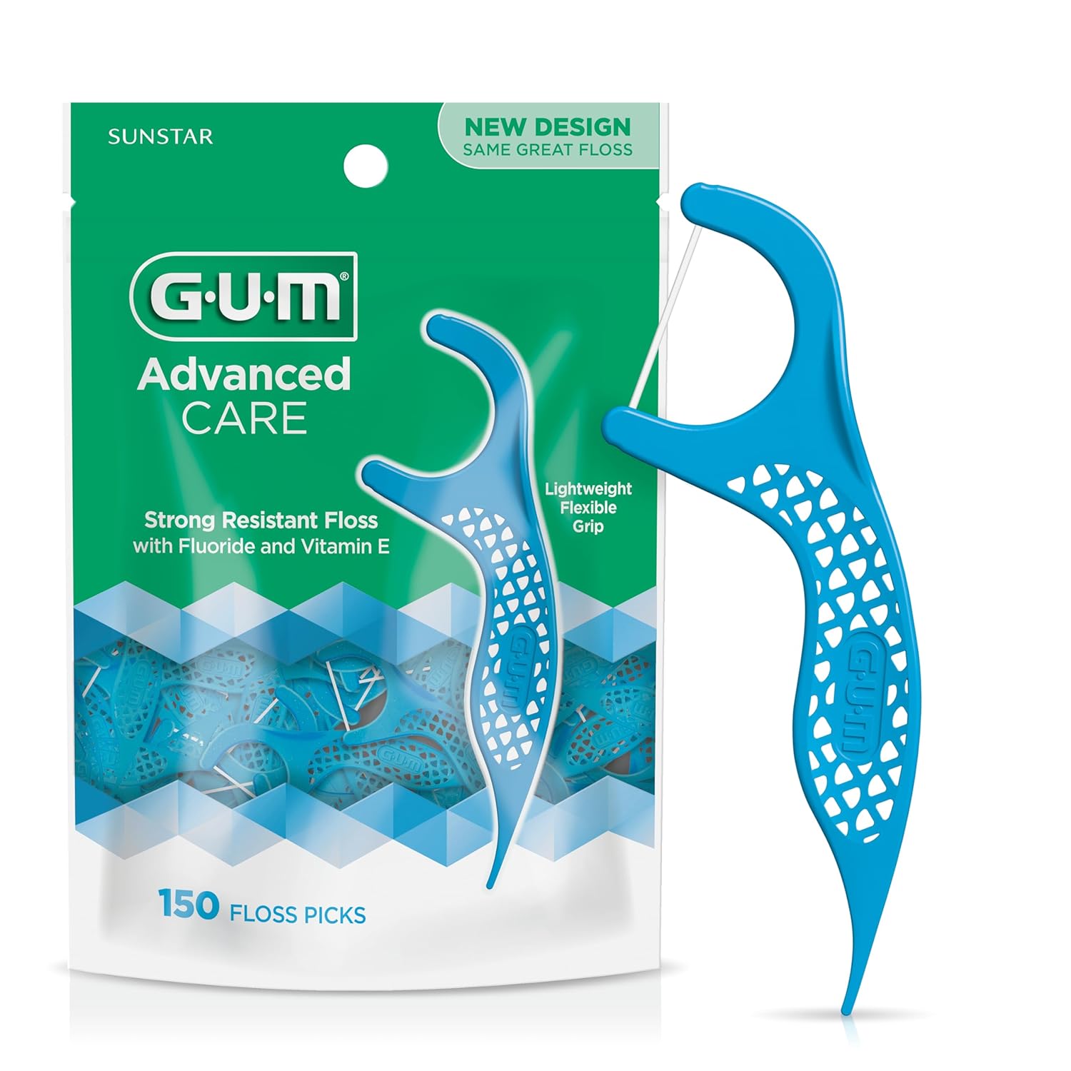 Gum Advanced Care Floss Picks - Dental Flossers For Adults With Vitamin E And Fluoride - Extra Strong Shred-Resistant Dental Floss, Easy Grip Handle, Fresh Mint Flavor, 90 Count