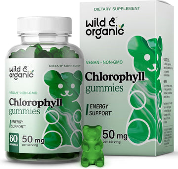 Wild & Organic Chlorophyll Gummies - Natural Energy Booster, Digestion & Immune Support, Internal Deodorant Chewable Daily Vegan Supplement - Sodium Copper Chlorophyllin Extract - 50mg 60 Chews