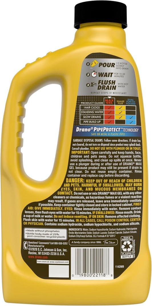 Drano Max Gel Drain Clog Remover And Cleaner For Shower Or Sink Drains, Unclogs And Removes Hair, Soap Scum, Blockages, Commercial Line, 42 Oz