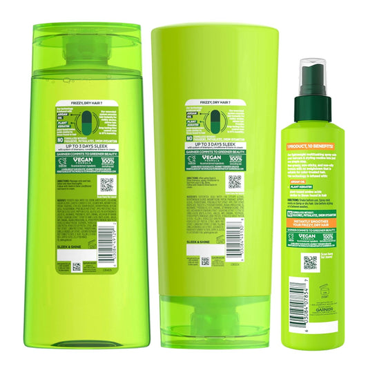 Garnier Fructis Sleek & Shine Shampoo (22 Fl Oz), Conditioner (21 Fl Oz) + 10-in-1 (8.1 Fl Oz) Set for Frizzy, Dry Hair, Plant Keratin(3 Items), 1 Kit (Packaging May Vary)