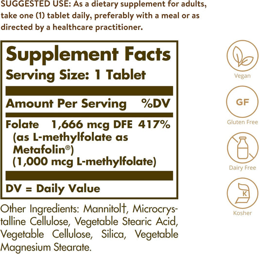 Solgar Folate 1000 Mcg, 120 Tablets - 1000 Mcg Bio-Active Metafolin - Heart Health - Vegan, Gluten Free, Dairy Free, Kosher - 120 Servings