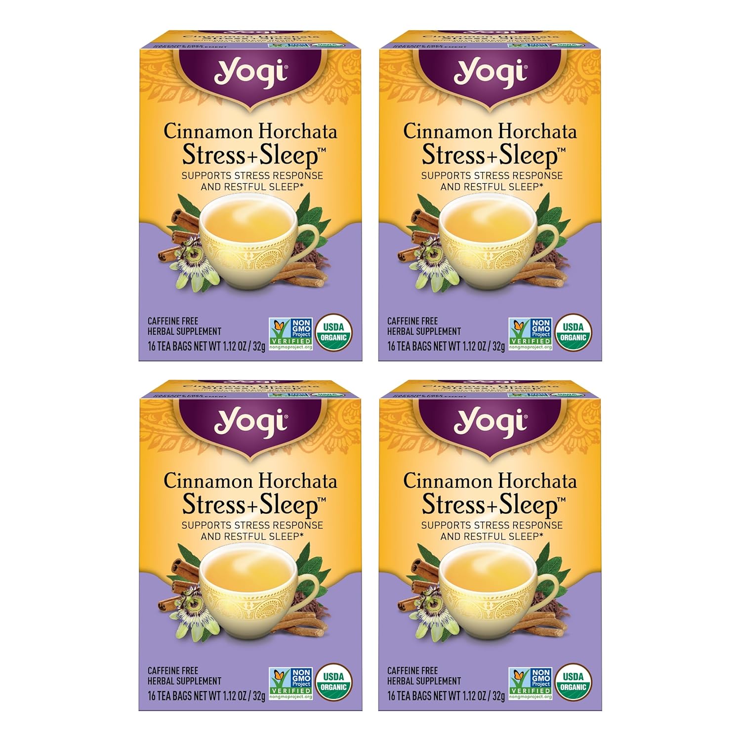 Yogi Tea Cinnamon Horchata Stress & Sleep - 16 Tea Bags Per Pack (4 Packs) - Organic Sleep Tea - Supports A Restful Sleep - Includes Ashwagandha, Passionflower & Apple Cider Vinegar