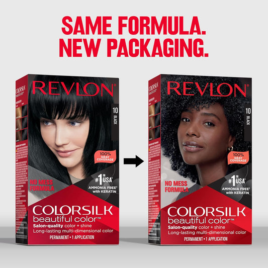 Revlon Colorsilk Beautiful Color Permanent Hair Color, Long-Lasting High-Definition Color, Shine & Silky Softness With 100% Gray Coverage, Ammonia Free, 10 Black, 3 Pack