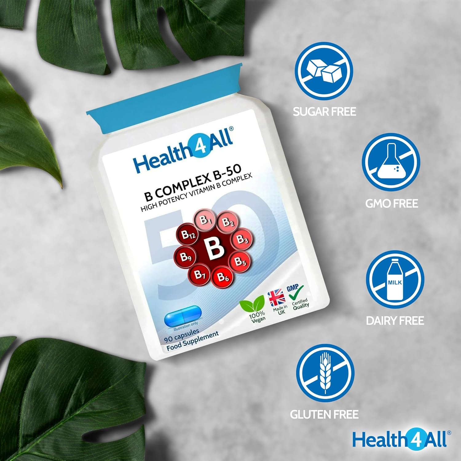 Health4All Vitamin B Complex B-50 90 Capsules, 3 Months Supply, High Potency Vegan B-Complex with PABA | Support Cognitive Functions, Energy, Tiredness & Fatigue | Made in UK (not Tablets) : Amazon.co.uk: Health & Personal Care