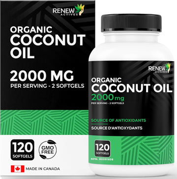 Renew Actives Coconut Oil Supplement 2000Mg Per 2 Softgels - Premium Source Of Antioxidants, Natural Fatty Acids & Metabolism Support For Optimal Health & Energy - Made In Canada - 120 Softgels