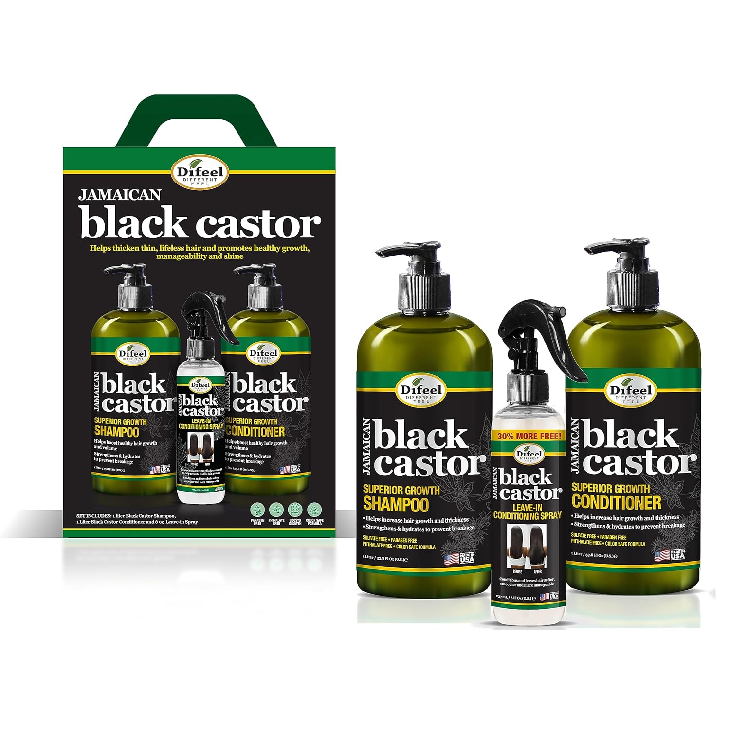 Difeel Jamaican Black Castor Superior Growth Shampoo, Conditioner & Leave In Conditioning Spray 3-Pc Gift Set - Includes Shampoo 33.8Oz., Conditioner 33.8Oz. And Leave In Conditioning Spray 6Oz Boxed