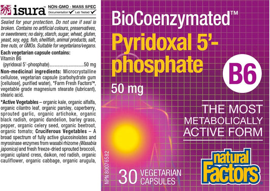 BioCoenzymated, B6, Pyridoxal 5'-Phosphate, 50 mg, 30 Vegetarian Capsules, Natural Factors