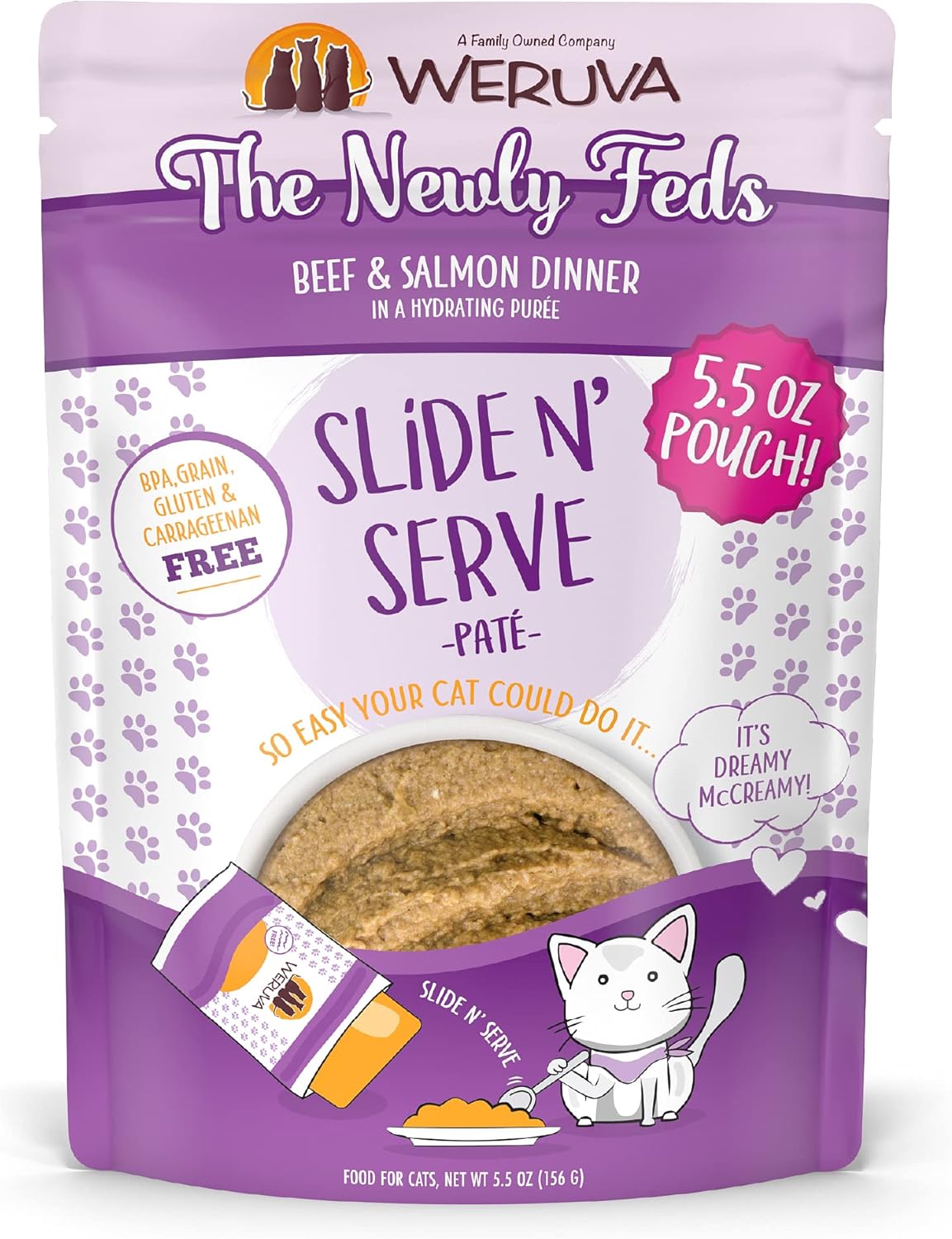 Weruva Wet Cat Food, The Newly Feds With Beef And Salmon Pate, 5.5Oz Slide N Serve Pouch, Pack Of 12