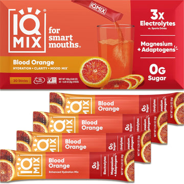 Iqmix Sugar Free Electrolytes Powder Packets - Hydration Supplement Drink Mix With Keto Electrolytes, Lions Mane, Magnesium L-Threonate, And Potassium Citrate - Blood Orange (20 Count)