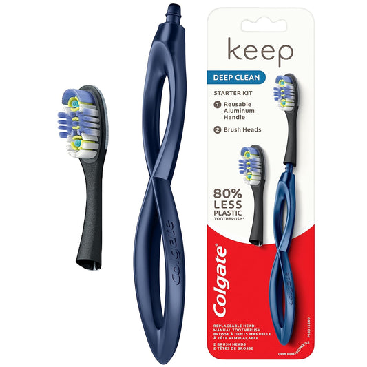 Colgate Keep Soft Manual Toothbrush For Adults With 2 Deep Clean Floss-Tip Brush Heads, Navy