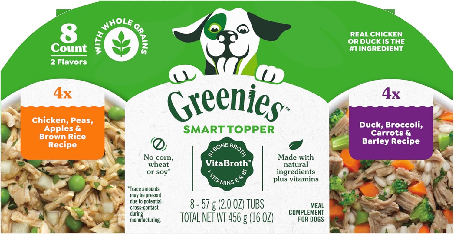 Greenies Smart Topper High Protein Wet Mix-In For Dogs, Chicken, Peas, Apples, And Brown Rice Recipe & Duck, Broccoli, Carrots And Barley Recipe Variety Pack With Whole Grains, 2Oz. 8 Trays