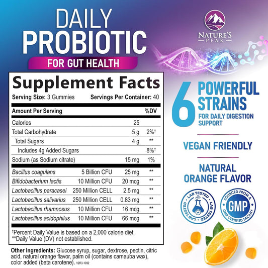 Probiotic Gummies For Women, Men & Teens - 5 Billion Cfus, 6 Pro Biotic Strains - Daily Probiotic Gummy Supplement For Natural Digestive Health, “Good” Gut & Immune Support, Orange Flavor - 60 Count