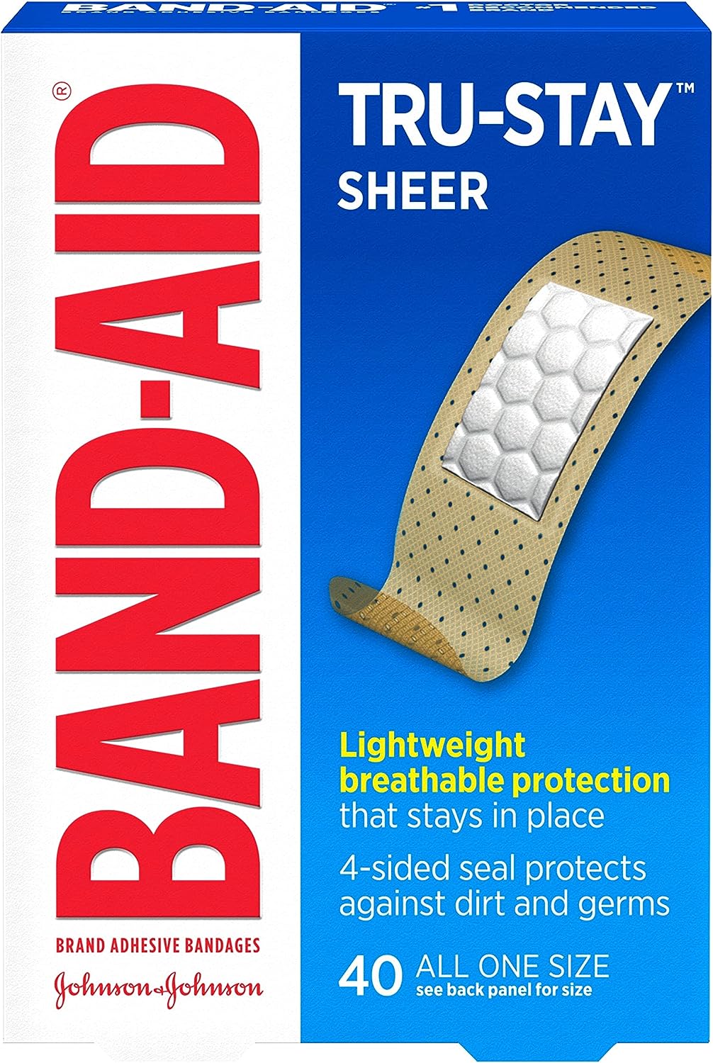Band-Aid Brand Tru-Stay Sheer Strips Adhesive Sterile Bandages For First Aid & Wound Protection, Individually Wrapped Wound Care Bandages For Minor Cuts & Scrapes, All One Size, 40 Ct