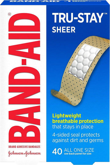 Band-Aid Brand Tru-Stay Sheer Strips Adhesive Sterile Bandages For First Aid & Wound Protection, Individually Wrapped Wound Care Bandages For Minor Cuts & Scrapes, All One Size, 40 Ct