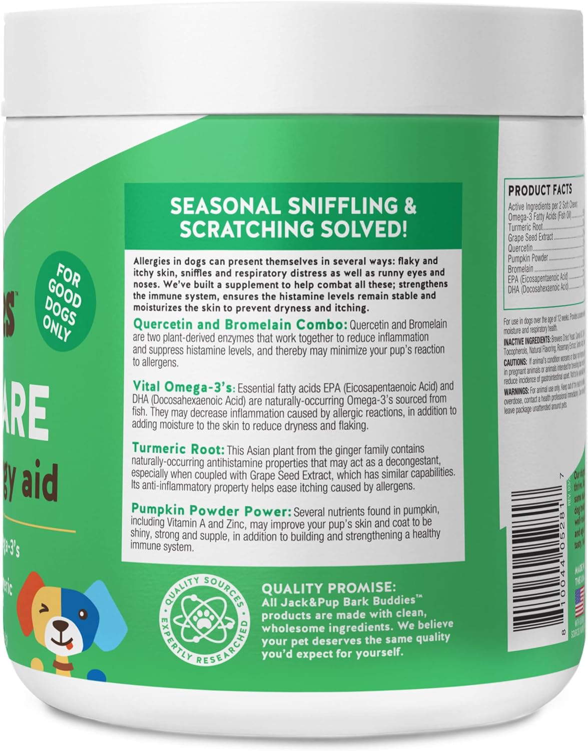 Jack&Pup Dog Allergy Chews - Bark Buddies Aller-Care Soft Chew Bites Itch Relief for Dogs & Allergy Support for Dogs - Dog Immune Supplement, Dog Skin Allergies Treatment and Anti Itch for Dogs 120ct : Pet Supplies