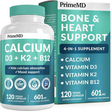 PrimeMD 4-in-1 Calcium Supplements for Women & Men - Calcium 600mg with Vitamin D3 K2 B12 5000 IU Supplement for Heart, Bone & Body Defenses - Gluten-Free, Non-GMO, Vegan Friendly (120 Count)