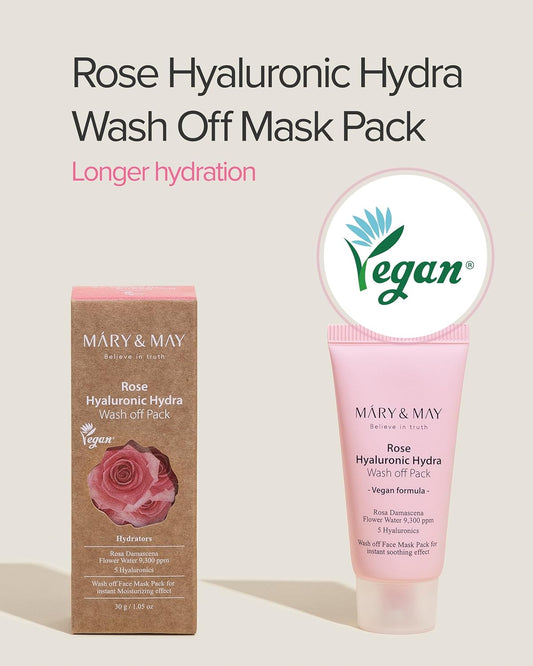 Mary&May Vegan Rose Hyaluronic Hydra Wash Off Mask - Rose Petal And Damask Rose Water Cream Mask For Moisturizing, Exfoliation, And Blackhead Removal - Korean Skincare, 1.01Oz