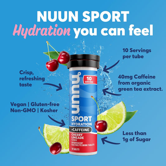 Nuun Sport + Caffeine Electrolyte Tablets For Proactive Hydration, Cherry Limeade, 8 Pack (80 Servings)