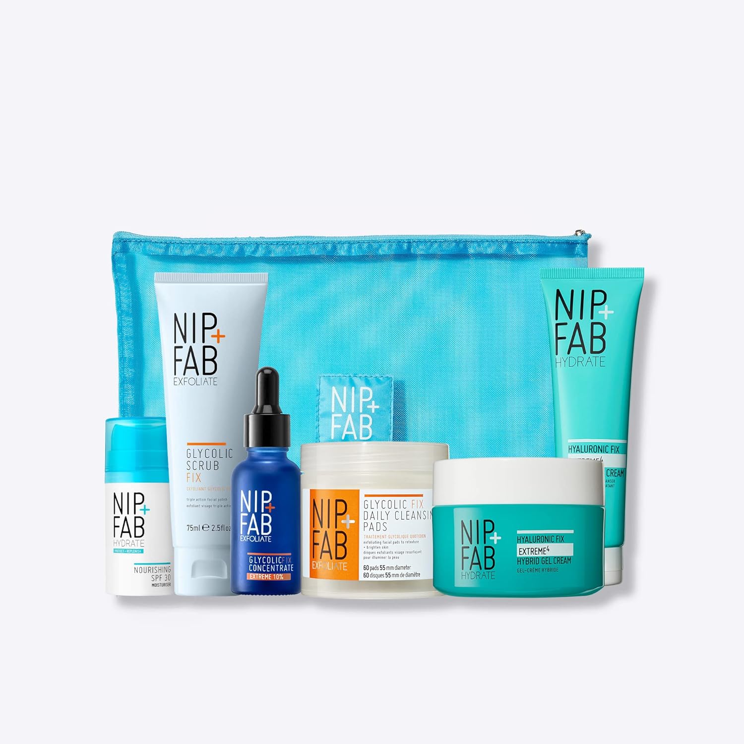 Nip + Fab Exfoliate & Hydrate Gift Set | Smooth Texture And Boost Glow With Glycolic Acid | Glycolic Scrub, Concentrate, Pads | Hyaluronic Cream