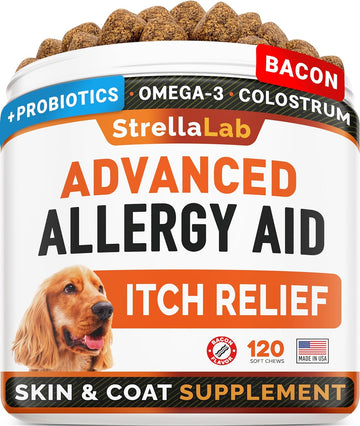 STRELLALAB Advanced Allergy & Itch Relief Dog Chews with Fish Oil Omega 3 & Probiotics - Itchy Skin Relief - Immune Supplement - Skin&Coat Health - Anti-Itch&Hot Spots - Made in USA - Bacon Treats