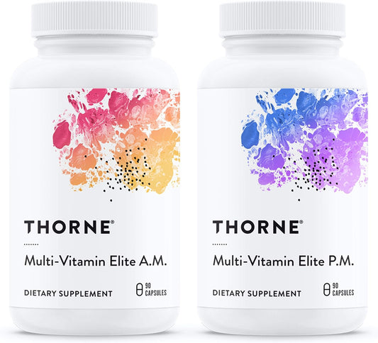 Thorne Multi-Vitamin Elite Am & Pm (180 Capsules) & Amino Complex (Berry, 8 Oz) Bundle - Supports Energy Production & Athletic Performance - Gluten, Dairy & Soy-Free