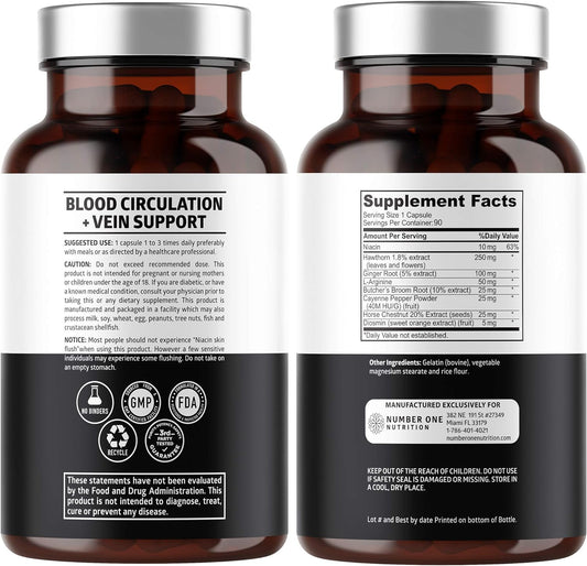 Number One Nutrition N1N Premium Blood Supplement [8 Powerful Herbs & Vitamins] All Natural Blood Flow Supplement With Hawthorn, Butchers Broom And Cayenne Pepper, 90 Caps