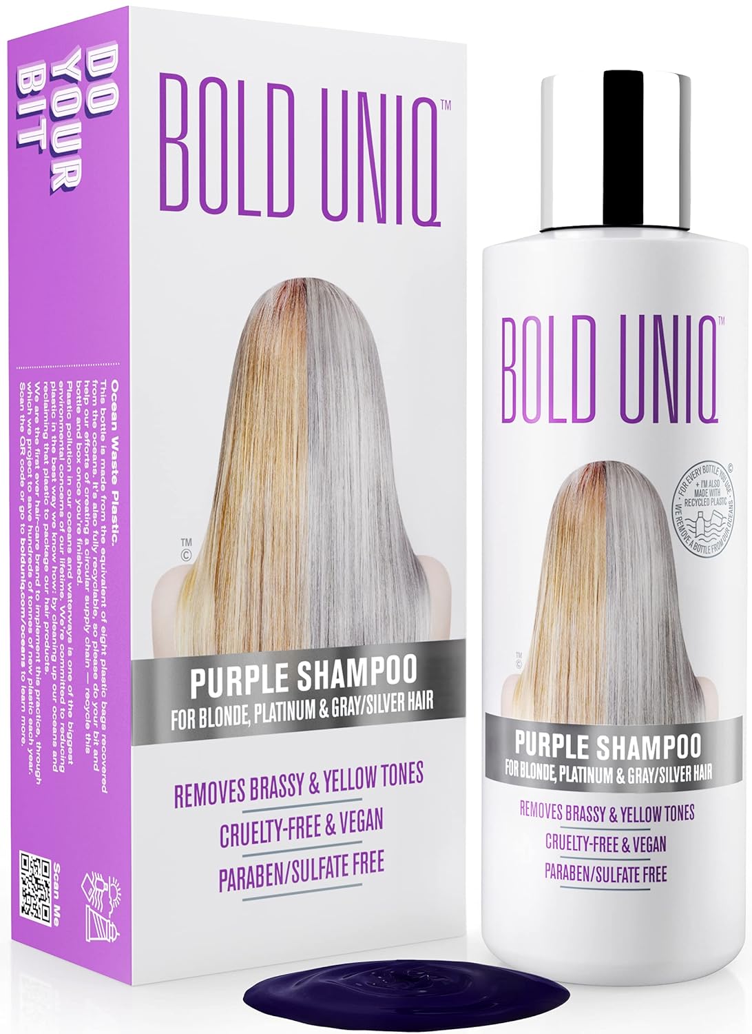 Bold Uniq Purple Toning Shampoo & Conditioner Set - For Blonde, Platinum, Ash, Bleached, Grey, Ash & Silver Hair - Eliminates Brassy, Yellow Tones - Vegan, Paraben & Sulphate Free - 8 Fl Oz Each