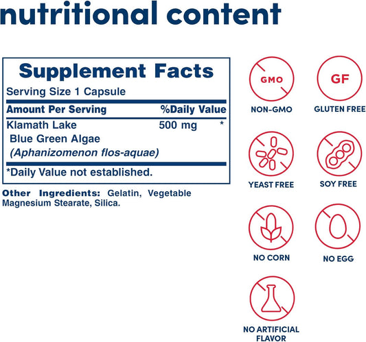 American Health Klamath Shores Blue Green Algae Capsules - Fresh Water Phytonutrient-Rich Algae Superfood Supplement - Pesticide-Free - 120 Total Servings
